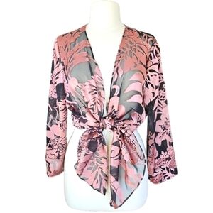 ALEX EVENINGS Womens Pink Black Floral Jacquard Top Sheer Cardigan Set Size L